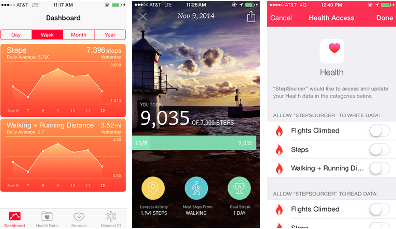 Apple’s official Health app in iOS 8, third-party fitness app Breeze, and an in-app modal view for apps to request access to HealthKit data.