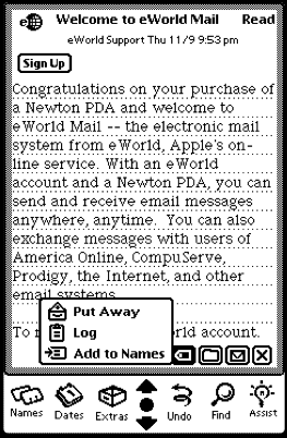 1993 Newton OS eWorld Mail user interface