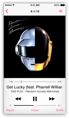 Screenshot of a Daft Punk song on iOS 7's new Music App