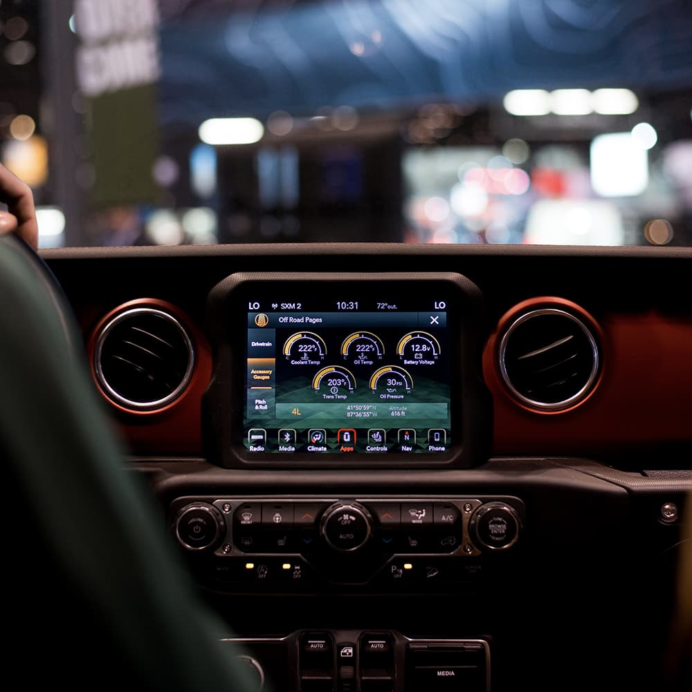 Interior view of a digital car console.