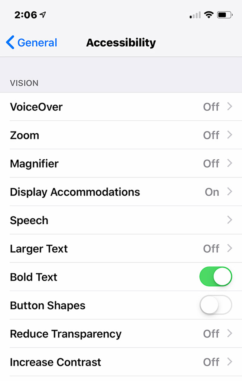 A screenshot of the bold text setting enabled in iOS 12 accessibility settings.