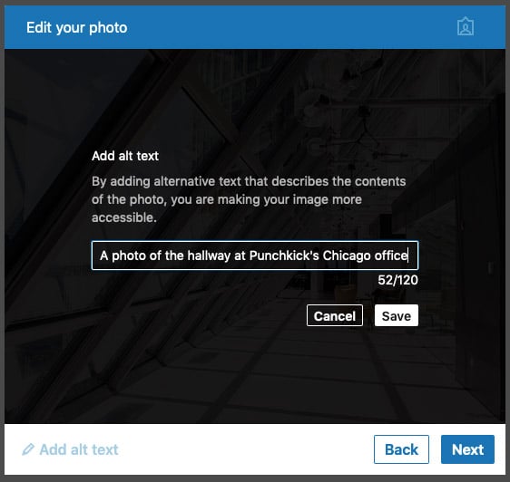 A screenshot of the alt text options presented when someone posts an image to their LinkedIn feed.